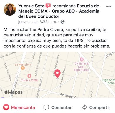 Comentario positivo sobre un instructor de manejo, elogiando su seguridad y enseñanza.