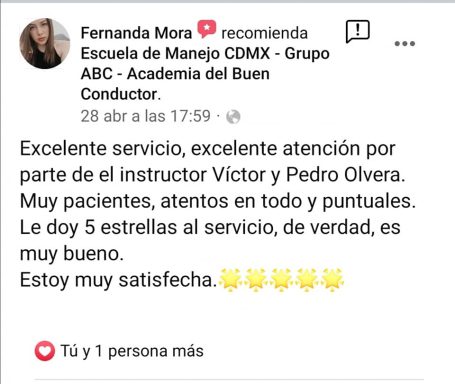  reseña positiva sobre un servicio de manejo, elogiando a los instructores Victor y Pedro.