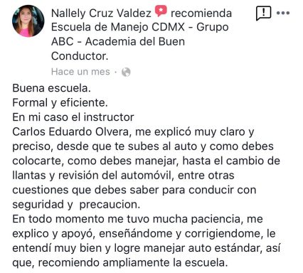 Recomendación de Nallely Cruz Valdez sobre la escuela ABC por su buen curso de conducción.
